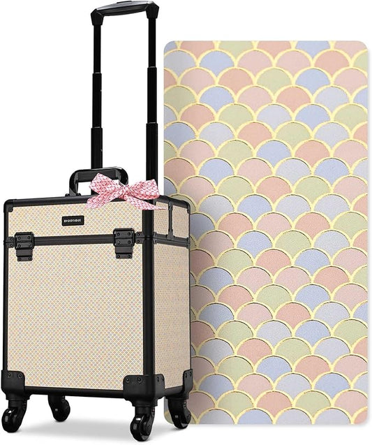 BYOOTIQUE Rolling Makeup Train Case on Wheels Cosmetic Trolley Art Deco Pastel