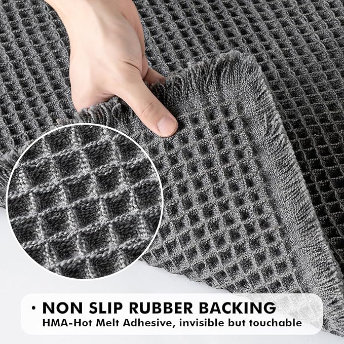 MIULEE Set of 2 Waffle Bathroom Rugs, Boho Bath Rugs Non Slip Washable, Super Absorbent Bath Mats, Ultra Soft Rubber Backed Shower Mats for Bathroom Floor, Tub and Shower, Dark Grey, 17x24 Inch