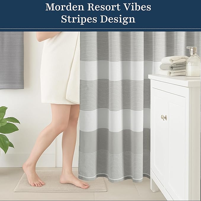 LANE LINEN Luxury Shower Curtain for Bathroom - 72 x 72 inches - Dobby Striped Elegant Texture - Water Resistant, Quick Dry & Easy Care - Reinforced Header with Rust Proof Metal Grommets - Silver