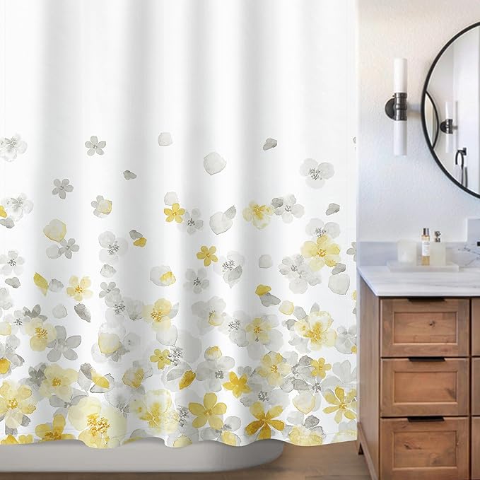 Sunlit Floral Fabric Shower Curtain, Design Simple Style Yellow and Gray Flower Blossoms Shower Curtains for Bathroom Decor with White Background, Machine Washable, 71x71