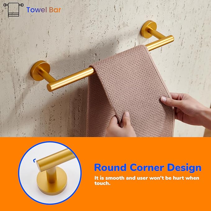 Miyili Bath Towel Bar 16-Inch SUS 304 Stainless Steel Towel Rack Hanger for Bathroom Kitchen Wall Mount Gold