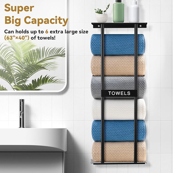 Vertical Towel Rack Wall Mounted - Metal Rolled Towel Holder, 31 Inch Black Space Saving Bathroom Storage Shelf for Shower, Toilet & RV (Black)
