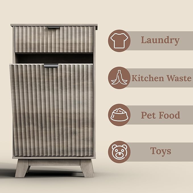 Double Tilt Out Laundry Hamper Cabinet, 20 Gallon Wooden Trash Can Cabinet with Storage Drawers, Hidden Fluted Garbage Can Holder for Kitchen, Living Room (Wood Grey, 20.47"W x 35.83"H x 13"D)