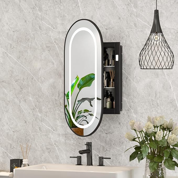 Led Oval Medicine Cabinet Mirror for Bathroom,Oval Recessed Black Medicine Cabinet with Mirror,3 Color Adjustable,Lighted Bathroom Cabinet with Storage Wall Mounted,16x31Inch