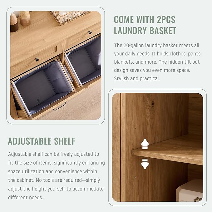 IFBUY Triple Tilt Out Laundry Hamper Cabinet, 20 Gallon Farmhouse Trash Can Cabinet w/Drawer & Adjustable Shelf, Hidden Garbage Can Bin Cabinets w/Laundry Basket for Bathroom, Kitchen (Natural)
