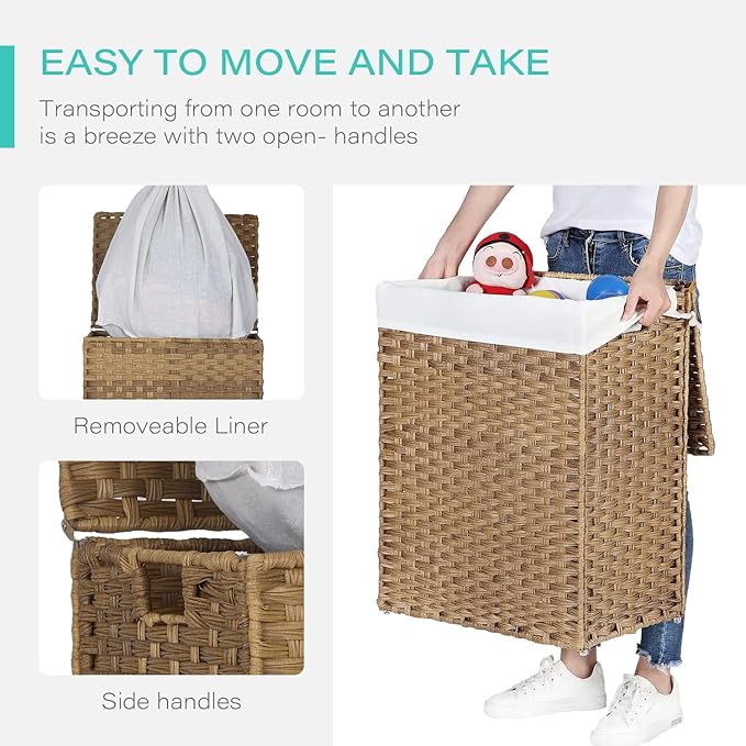 Paylesshere Laundry Basket Handwoven Laundry Hamper 90L/110L Foldable Rattan Hamper With Lid, 2 Removable Liner Bags & 6 Bags,Clothes Bathroom Basket,Natural