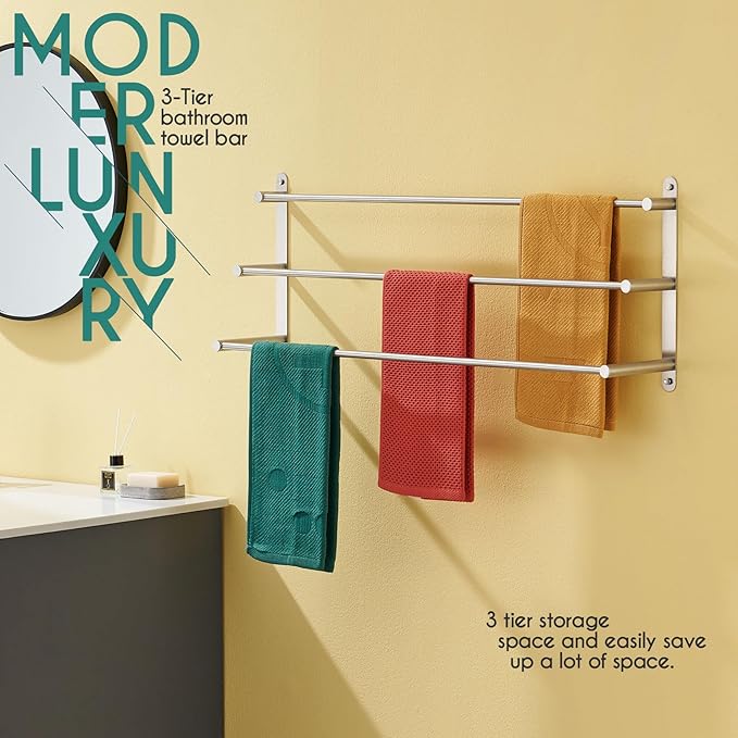 KOKOSIRI Bath Towel Bars 32'' Bathroom 3-Tiers Ladder Towel Rack Wall Mount Towels Shelves Stainless Steel, Brushed Nickel, B5002BR-L32
