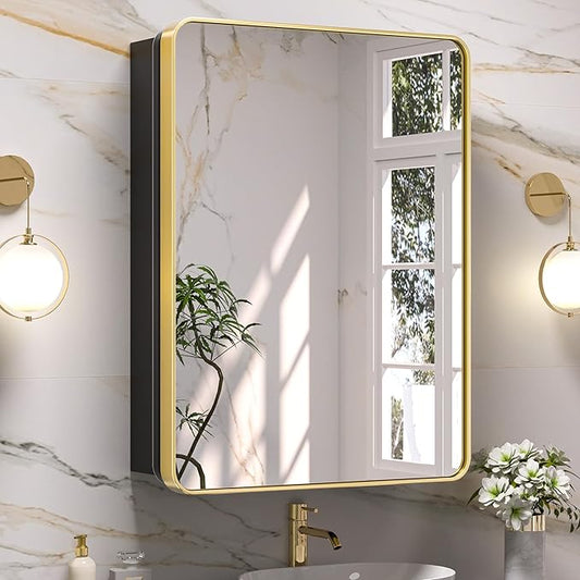 Keonjinn 24 x 32 Inch Gold Recessed Medicine Cabinets, Bathroom Mirrored Medicine Cabinet, Dim Brushed Brass Stainless Steel Framed, DTC Hinges, Stepless Adjustable Shelves, in Wall or Surface Mount
