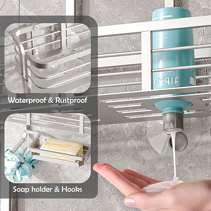 Shower Caddy Hanging, Never Rust Aluminum Shower Organizer, Over Showerhead No Drilling Shower Racks, with Soap Holder Multi Hooks Bathroom Storage for Shampoo Sponge,Silvery