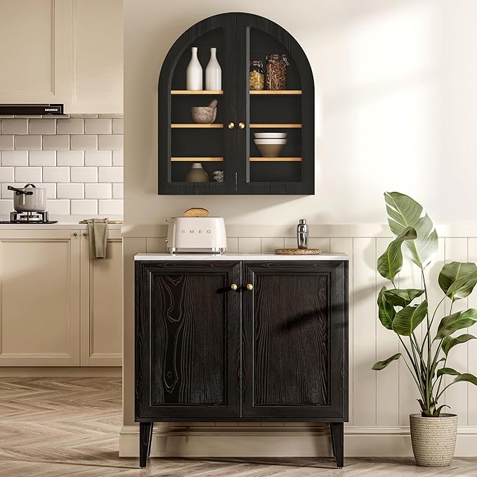 EYYTHUNG Arched Wall Cabinet, Large Bathroom Medicine Cabinet Wall Mounted Cupboard, Modern Floating Storage Cabinet with Acrylic Door Adjustable Shelf, Wood Organizer (Black-Oak)