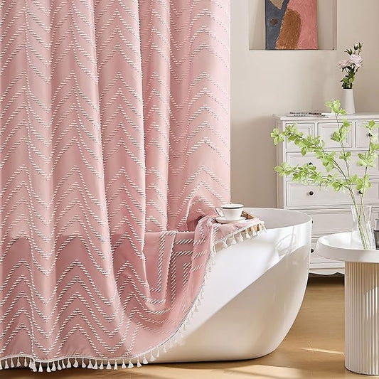Small Stall Boho Pink Shower Curtain Woven Fabric 36 x 72 Half Size Tufted Chevron Striped Textured Modern Farmhouse Minimalist Shower Curtain for Bathroom
