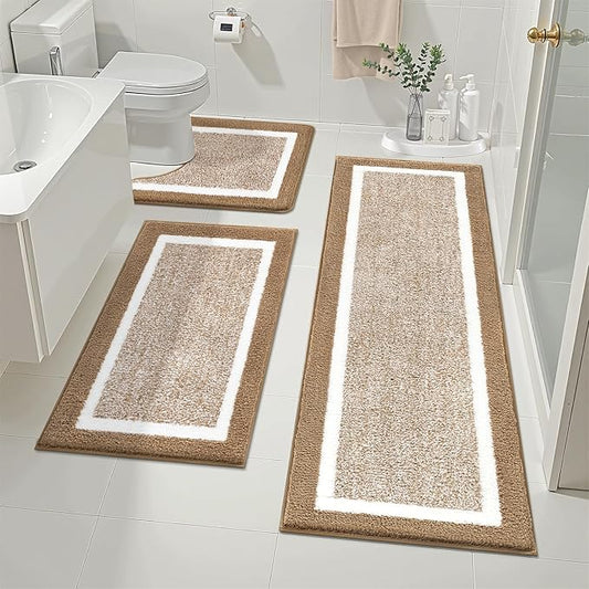 Pauwer Bathroom Rugs Sets 3 Piece Bathroom Shower Rugs with U-Shaped Contour Toilet Mat Absorbent Microfiber Plush Bath Mats Non Slip Bath Rug Machine Washable Shaggy Floor Mat, Khaki