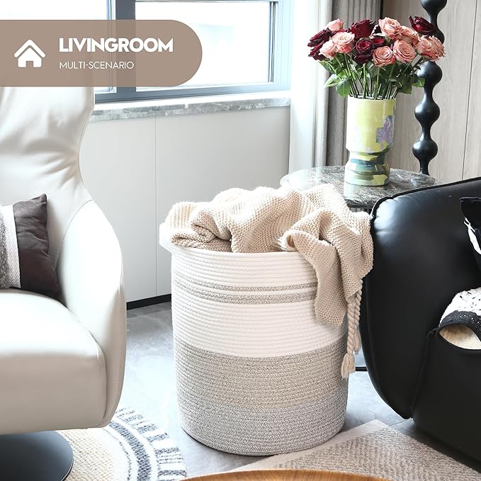 Sea Team Large Size Cotton Rope Woven Storage Basket with Handles, Laundry Hamper, Fabric Bucket, Drum, Clothes Blankets Organizer for Kid's Room, 18 x 20 inches, Round Open Design, White & Khaki