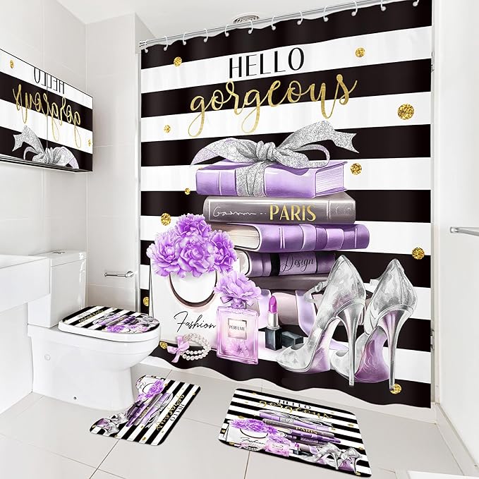 Cinbloo 4Pcs Black and Purple Shower Curtain Set,High Heels Perfume Striped Bathroom Curtain with Rug, Toilet Lid Cover, Bath Mat, Modern Floral Flower Magazine Books Shower Curtain with 12 Hooks