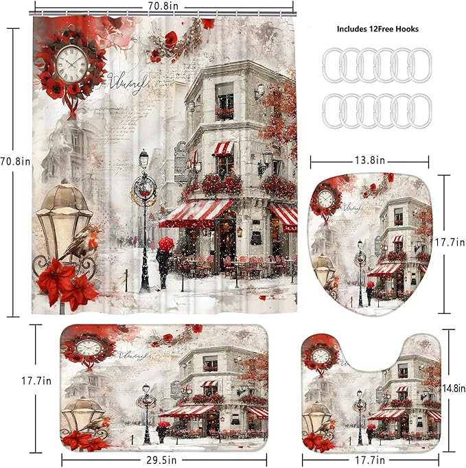 Chrainy 4Pcs Snowy Streets Shower Curtain Sets Red Floral Bathroom Set Decor with Non-Slip Rugs Bath U-Shaped Mat Toilet Lid Cover Waterproof Valentines Bathroom Curtains Shower Set with 12 Hooks