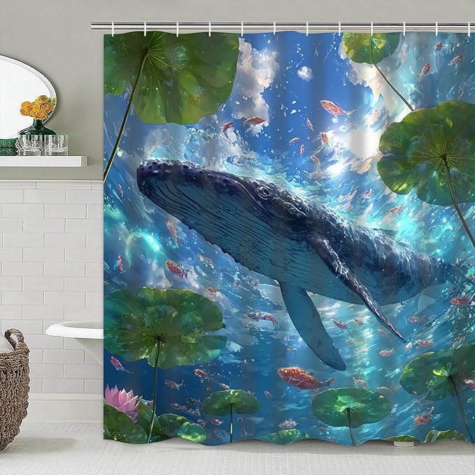 Yizheer 4Pcs Whale Shower Curtain Sets,Ocean Scenery Marine Life Theme Bathroom Curtain with Rugs, Toilet Lid Cover and Bath Mat