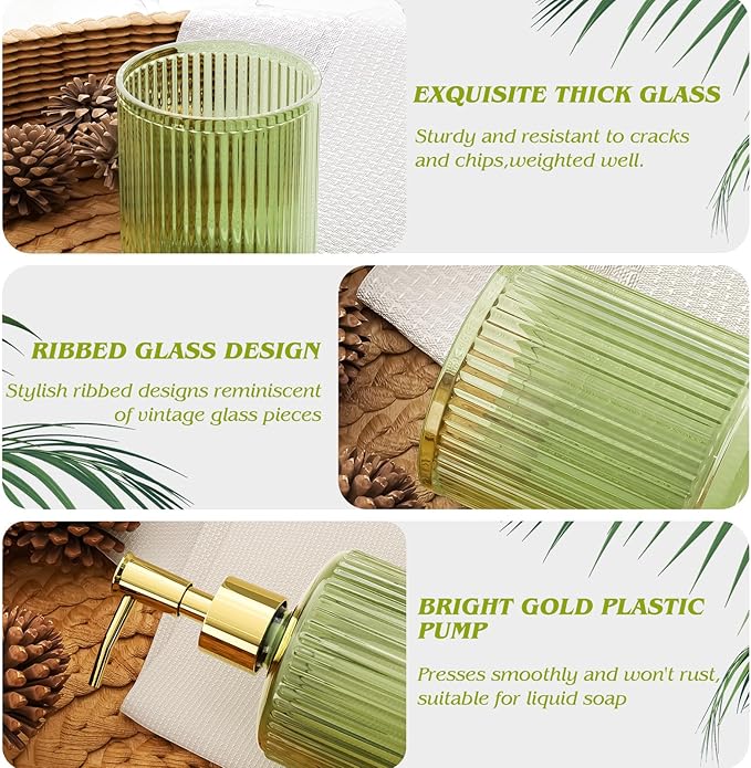 BSSN 5-Piece Green Glass Bathroom Accessories Set - Vintage Ribbed Thick Glass - Includes Soap Dispenser, Toothbrush Holder, Tumbler, 2 Q-tip Jars - Retro Bathroom Counter Organizer & Decor