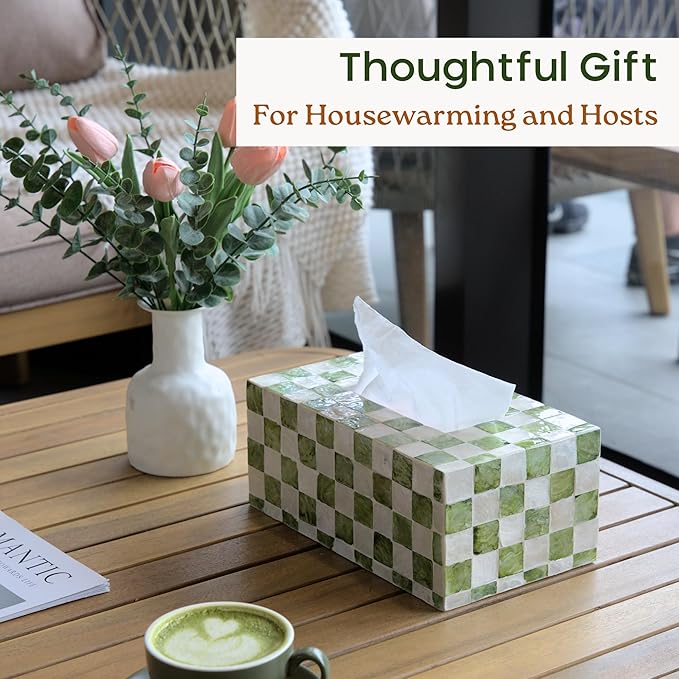CHI AN HOME Rectangle Checkered Tissue Box Cover Handmade with Capiz Shells, Decorative Tissue Box Holder for Living Room, Bathroom or Kitchen Counter (Pistachio Green)