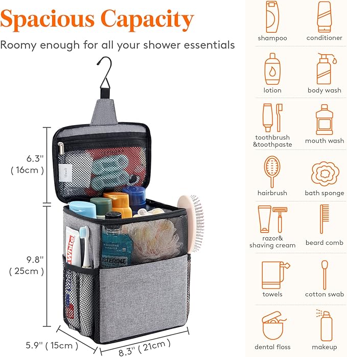 Lifewit Shower Bag Mesh Shower Caddy Portable College Dorm Room Essentials Tote Bag for Bathroom, Gym, Travel, Camping Quick Dry Hanging Shower Organizer Basket Toiletry Bag, Medium, Grey