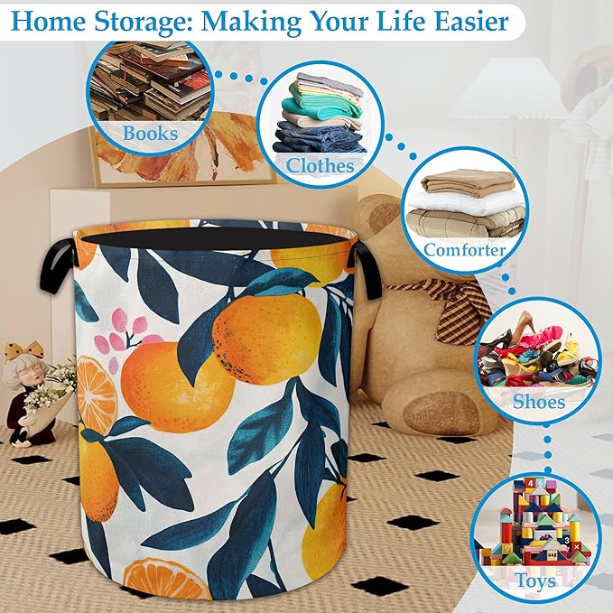 Lemon Floral Laundry Basket Collapsible Laundry Hamper with Handle, Oxford Clothes Toy Storage Bin for Bathroom Bedroom Room Decor 16" X 20.8"