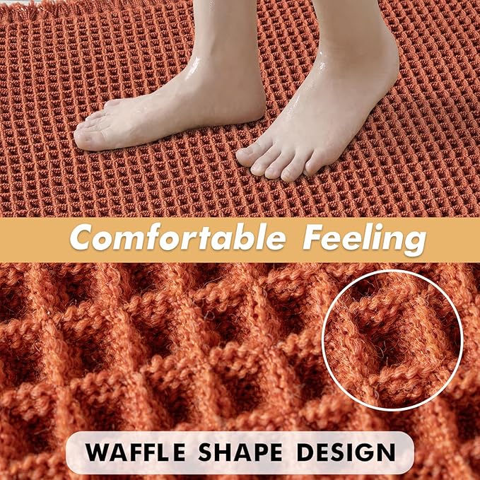 MIULEE Orange Set of 2 Waffle Bathroom Rugs, Boho Bath Rugs Non Slip Washable, Super Absorbent Bath Mats, Ultra Soft Rubber Backed Shower Mats for Bathroom Floor, Tub, 17"x24"+17"x48"