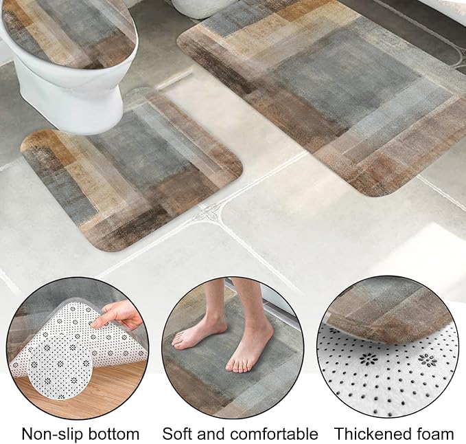 Lnond 4Pcs Bathroom Shower Curtain Sets with Rugs,Brown Gradient Painting Art Bathroom Sets with Shower Curtain and Rugs and Accessories