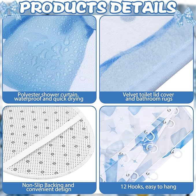 FuWeave 8 Pcs Blue Shower Curtain Set Coquette Blue Bathroom Decor Aesthetic Bow Knot Waterproof Shower Curtain Towels Non Slip Rug Toilet Lid Cover Bath Mat with 12 Hooks for Women Home Bath