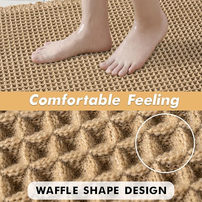 MIULEE Set of 2 Waffle Bathroom Rugs, Boho Bath Rugs Non Slip Washable, Super Absorbent Bath Mats, Ultra Soft Rubber Backed Shower Mats for Bathroom Floor, Tub, Brown, 17"x24"+20"x47"