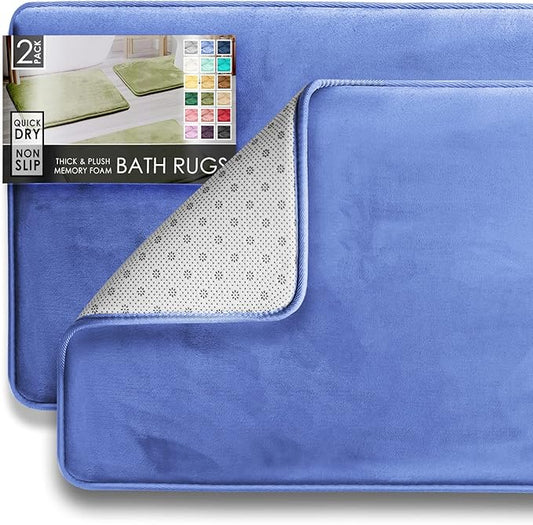 Clara Clark 2 Piece Bathroom Rugs Bath Mat Set, Velvet Memory Foam Bath Mats for Bathroom - Non-Slip, PVC Backing Bath Rugs, Washable - Dries Quickly, Calm Blue