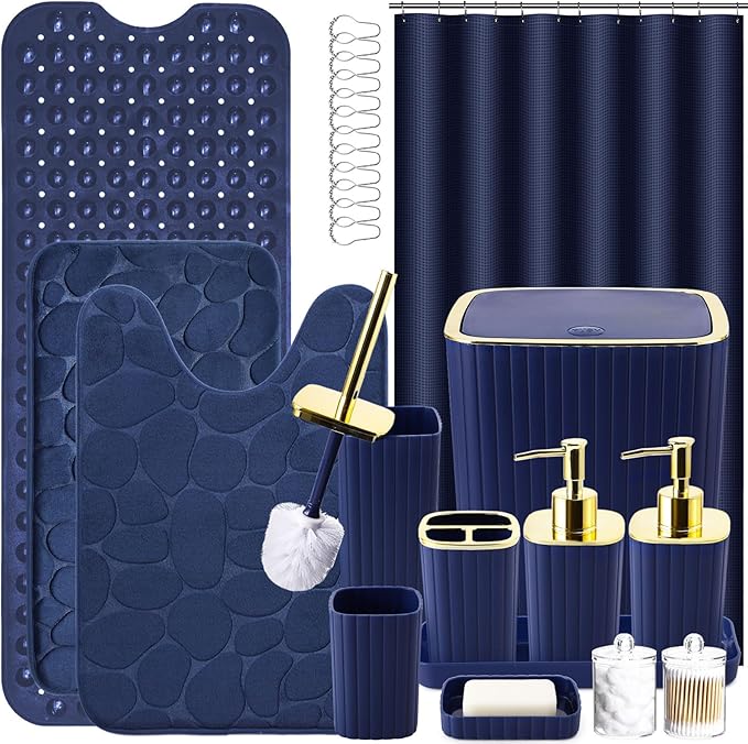 XLHOMO 26PC Bathroom Accessories Set - Gorgeous Blue Bathroom Set, Bathroom Accessory Set, Navy Blue Shower Curtain Set with Bathtub Mats for Shower Tub
