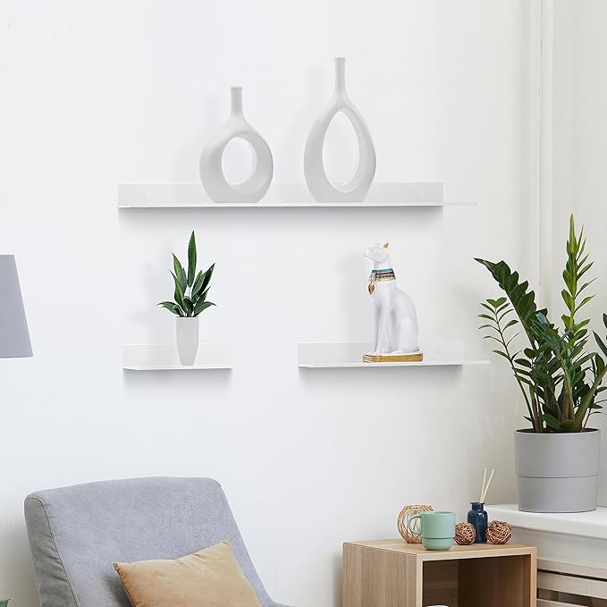 Z metnal Small Wall Shelves, Mini Display Metal Lack Floating Shelf for Collectables Figure, Aluminum, Wall Mounted, Sleek, White,12 x 5 inch, 2 Pack