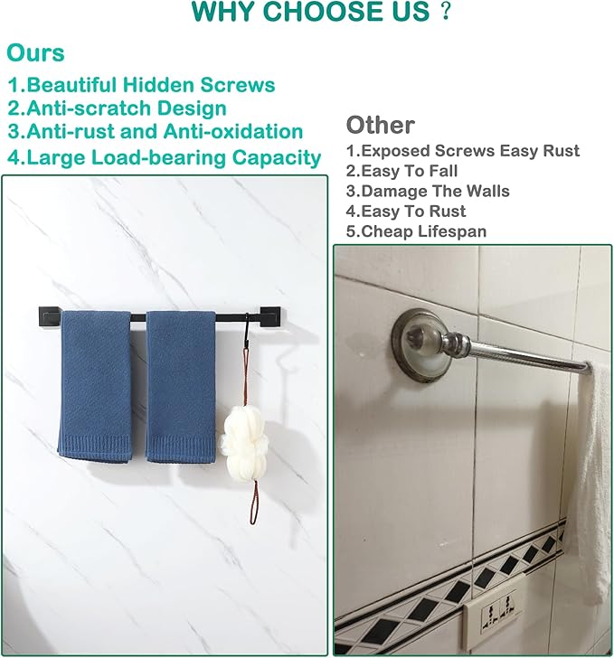 Alise Towel Bar for Bathroom,24 in Towel Holder Towel Racks for Bathroom Wall Mount,SUS304 Stainless Steel Towel Rail Towel Hanger Matte Black