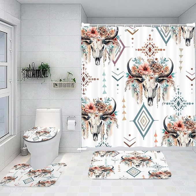 4 Pcs Western Bull Skull Shower Curtain Set, Retro Cow Longhorn Skull Flower Head Bathroom Rug Sets, Boho Farmhouse Shower Curtain and Non-Slip Rugs Toilet Lid Cover Bath Mat Decor with Hooks