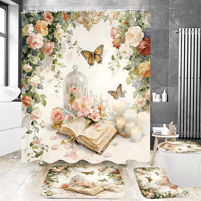 Yizheer Luxury 4Pcs Book Flower Butterfly Shower Curtain Set, Flower Pattern Castle Waterproof Bathroom Decor Kit (Shower Curtain + Bath Rugs + Toilet Lid Cover + Hooks), Elegant Curtain for Bathroom