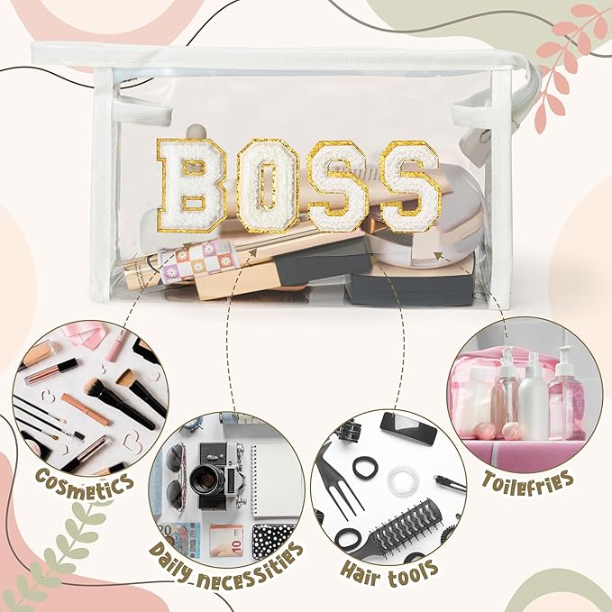 CY2SIDE BOSS Clear Makeup Bag - White BOSS Letter Patch Cosmetic Bag Best Gift for Sister PVC Zipper Clear Travel Pouch with handle for Toiletries Waterproof Portable Travel Organizer for Women Girl