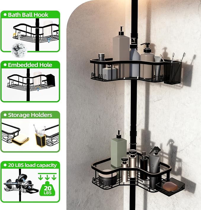 Corner Shower Caddy Tension Pole, 4 Tier Rust-Resistant Adjustable Bathroom Organizer Shelves, Bathtub Storage Rack with Soap Holder, No-Drill Install, Floor to Ceiling Rod 47-121 Inch, Black