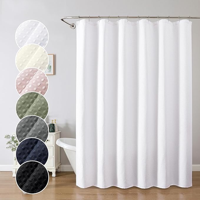 OWENIE White Waffle Weave Fabric Shower Curtain, Textured Heavy Cloth Shower Curtains for Bathroom, Water Repellent Soft Hotel Spa Luxury Elegant Bath Curtain, Machine Washable, White, 72x78 Inch