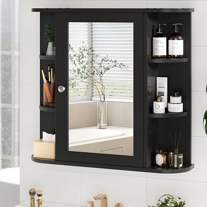 SUNLEI Bathroom Medicine Cabinet with Mirror, Wood Medicine Cabinet with Adjustable Shelf, Mirrored Door Over The Toilet Storage, Bathroom Wall Mirror Cabinet, Black