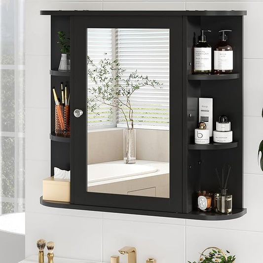 SUNLEI Bathroom Medicine Cabinet with Mirror, Wood Medicine Cabinet with Adjustable Shelf, Mirrored Door Over The Toilet Storage, Bathroom Wall Mirror Cabinet, Black