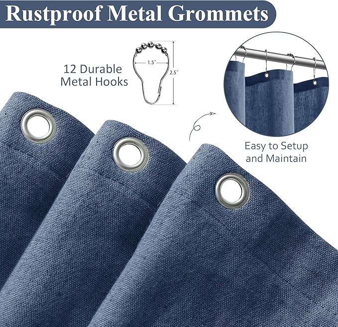 Naturoom Vintage Blue 48 Inch Shower Curtain - Stall Narrow Half Linen Ultra Thick Fabric Shower Curtain Set with Hooks, Boho Farmhouse Rustic RV Camper Bath Curtains for Bathroom, 48x72