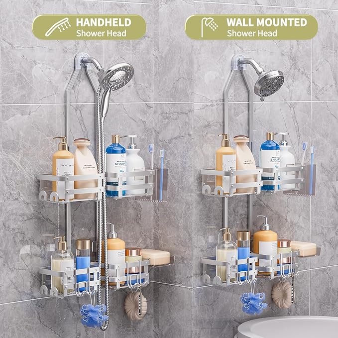 GAOKASE Aluminum Shower Caddy Hanging, Never Rust Shower Organizer- 4 Levels with adjustable Height 10 Hooks for Razor/Sponge - Rack with Soap Basket (Silver)