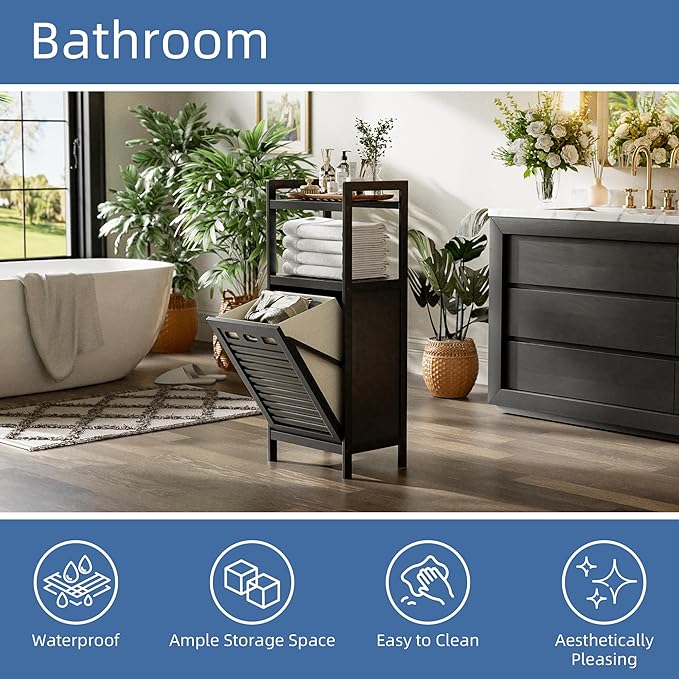 HITNET Tilt Out Laundry Hamper, Bamboo Bathroom Cabinet with Pull Out Removable Bag and 2 Tier Storage Shelves, 10 Gal Clothes Basket with Metal Handle, Black