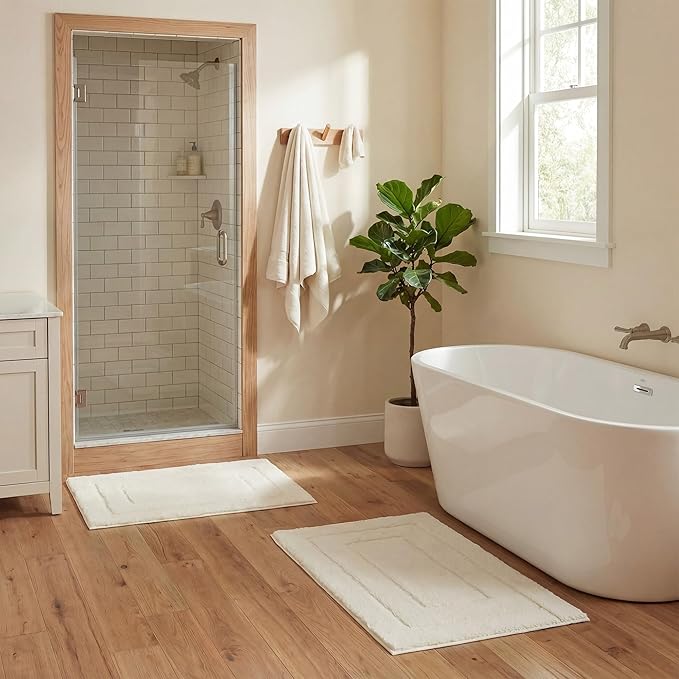 GRANNY SAYS Bathroom Rugs and Mats, 16" x 24" Non-Slip Bath Mat for Bathroom, Super Soft Absorbent Microfiber Bath Rug, Machine Washable and Dry, Small Cream White Rug for Shower, Tub and Bath Floor