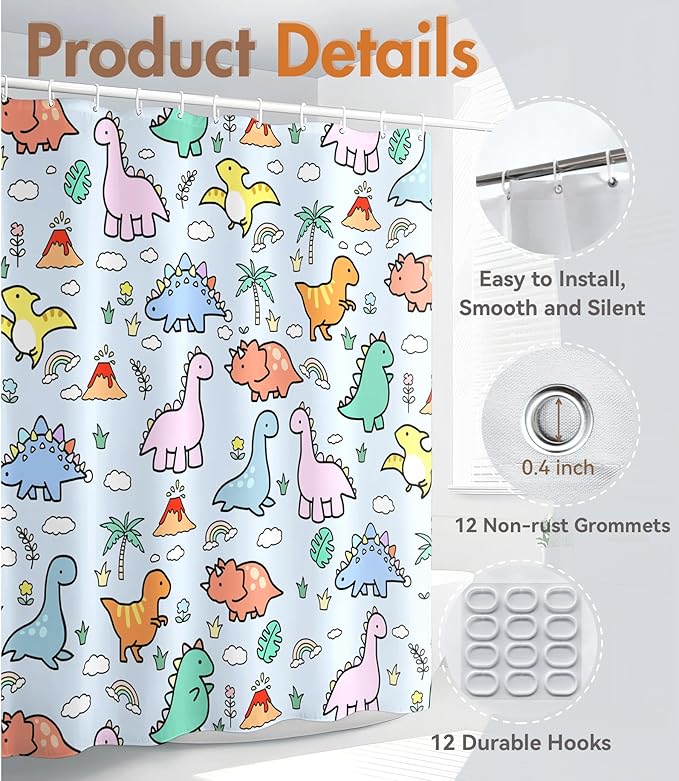 MAMUSE Shower Curtain for Bathroom - Cute Aesthetic Decorative Modern Girly Unique Girls Design Pretty Women Waterproof Fabric Cloth Cortinas de Baño Bathtub 72 x 72 Inch, Little Dino