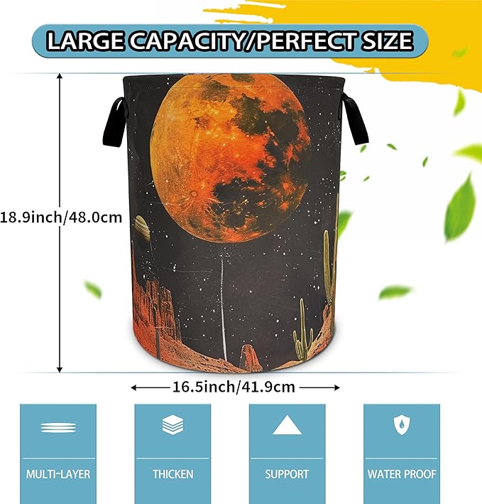 Full Moon Laundry Basket Desert Cactus Foldable Oxford Cloth Funny Tote Bag Laundry Hamper Clothes Storage Bucket Toy Organizer For Bathroom/Laundry Storage/Bedroom 18.9x16.5 Inch