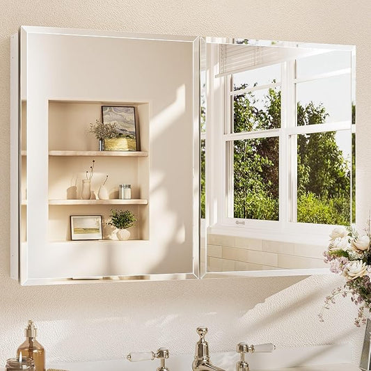 TETOTE 36 x 24 Medicine Cabinet with Mirror with Tempered Beveled Mirror Silver Medicine Cabinet Aluminum Cabinet DTC Hinges, Stepless Adjustable Shelves, Recessed/Surface-Mounted
