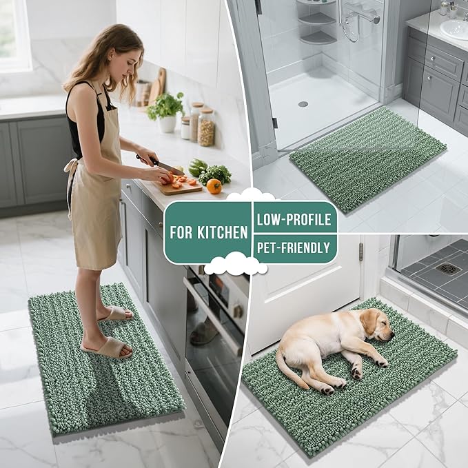 Yimobra Bathroom Rugs Non Slip Washable - Ultra Soft Absorbent Chenille Bath Mat, Quick Dry Shaggy Floor Carpet for Tub Shower, Green Home Decor Accessories, 24x17 Inch