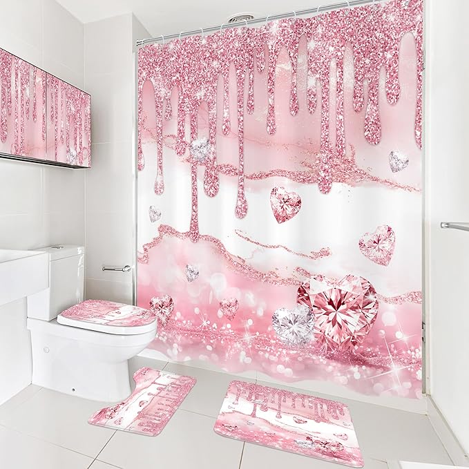Cinbloo 4Pcs Pink Diamond Shower Curtain Set, Rose Gold Bling Modern Fashion Bathroom Curtain with Rug, Toilet Lid Cover, Bath Mat, Luxury Elegant Women Girls Shower Curtain with 12 Hooks