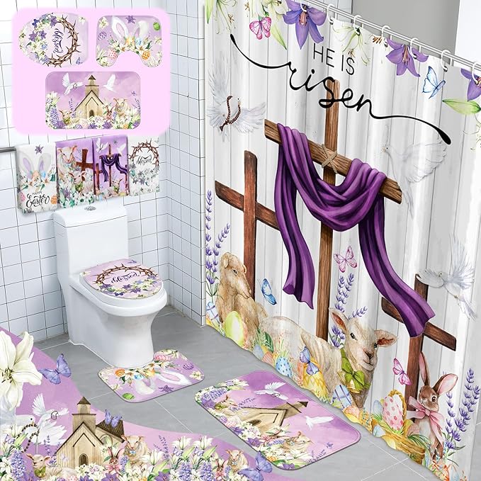 FuWeave 8 Pcs Easter He is Risen Shower Curtain Set for Bathroom Include Christian Lamb Cross Bunny Egg Shower Curtain Towels Non Slip Rugs Toilet Lid Cover Bath Mat and 12 Hooks for Bathroom Decor