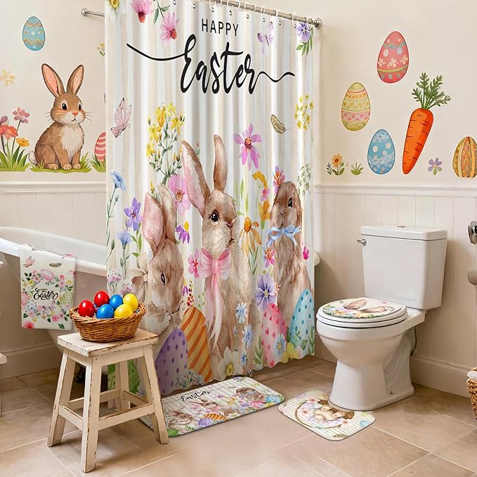 FuWeave 8 Pcs Happy Easter Shower Curtain Set for Bathroom Include Spring Floral Bunny Egg Shower Curtain Towels Non Slip Rugs Toilet Lid Cover Bath Mat and 12 Hooks for Bathroom Decor